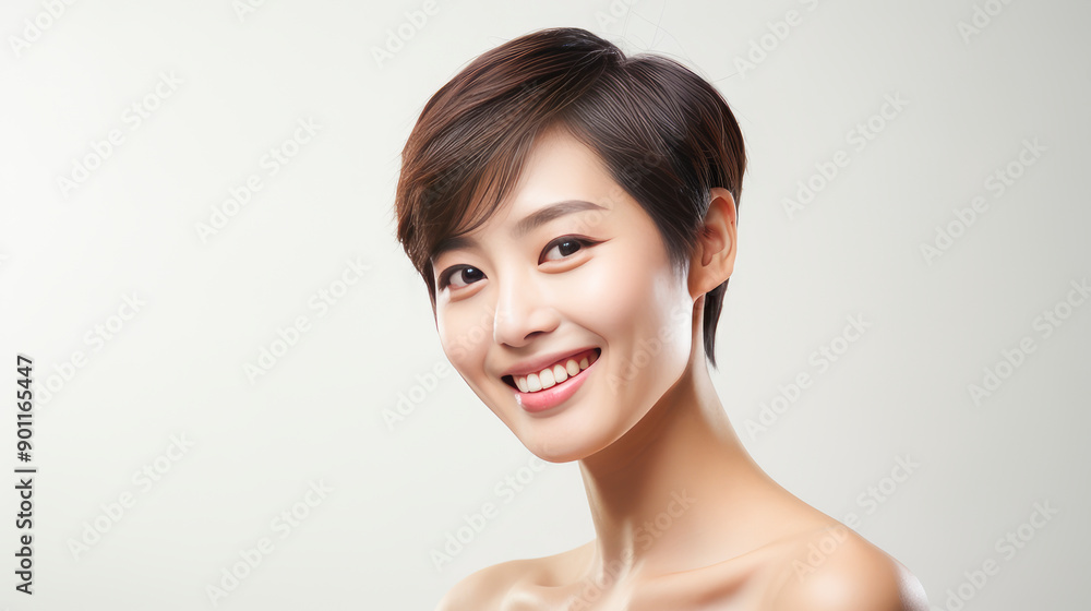 Portrait of a beautiful, sexy, smiling Asian woman with short hair, with perfect skin, gray background, banner. Portrait of a beautiful, sexy, smiling Asian woman with short hair, with perfect skin, gray background, banner.