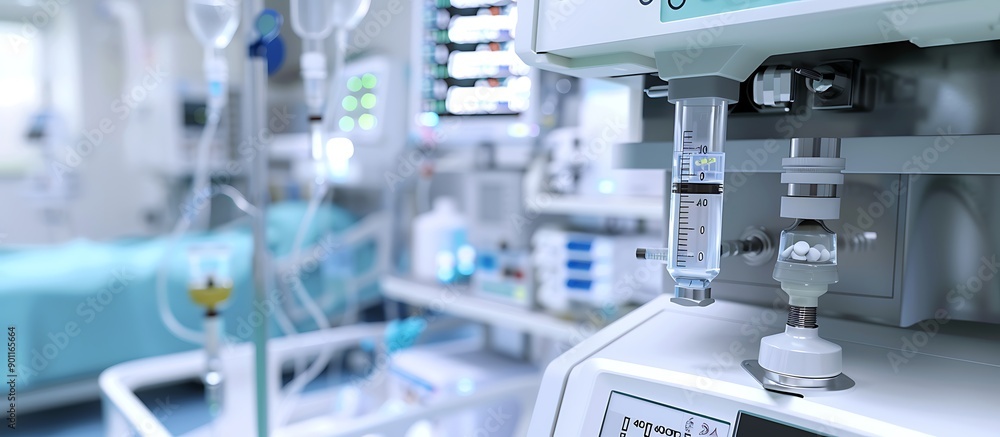 A detailed shot of a smart infusion pump administering medication accurately and safely in a hospital room. A detailed shot of a smart infusion pump administering medication accurately and safely in a hospital room.