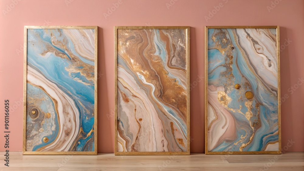 Fototapeta premium Set of Three Abstract Marbled Ink Wall Art Panels - Blue and Gold Colors
