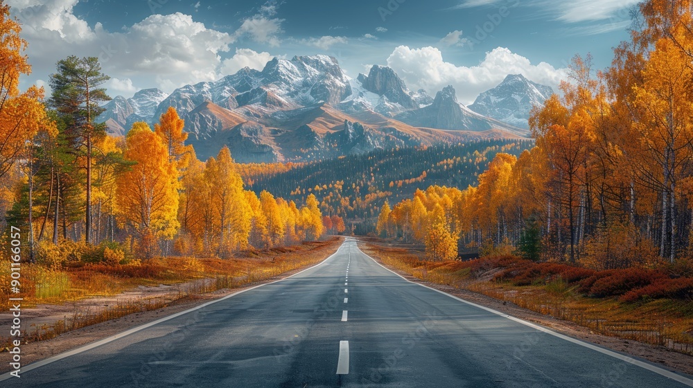 Fototapeta premium road leading into the distance, surrounded by mountains and forests on both sides