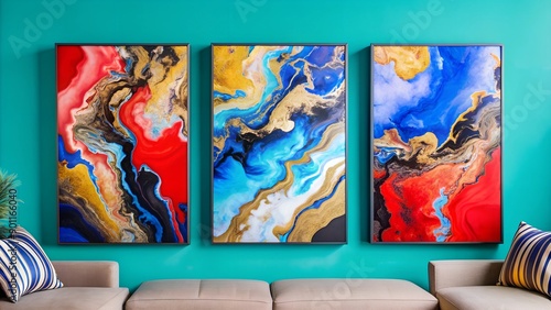 Set of Three Abstract Marbled Ink Wall Art Panels - Blue and Gold Colors