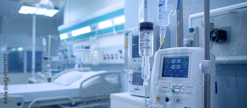 A detailed shot of a smart infusion pump administering medication accurately and safely in a hospital room.