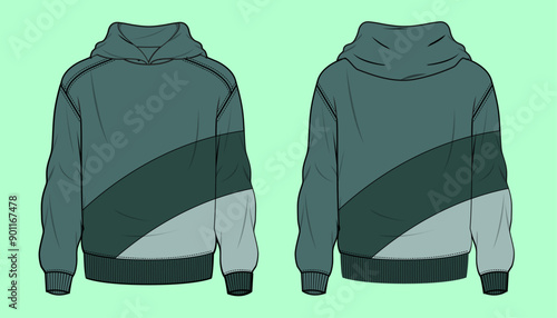 Mens and older boys colour block terry fleece hoodie with kangaroo pocket flat sketch outline vector fashion illustration template.