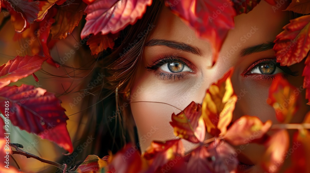 Woman surrounded by autumn leaves, Natural beauty, Seasonal harmony Woman surrounded by autumn leaves, Natural beauty, Seasonal harmony