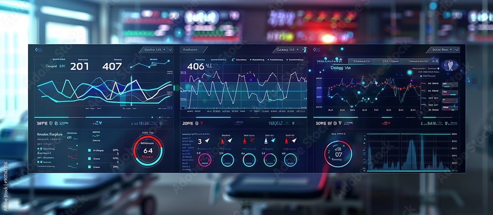 Fototapeta premium A detailed view of a digital patient safety dashboard in a hospital control room, monitoring health metrics and safety alerts.