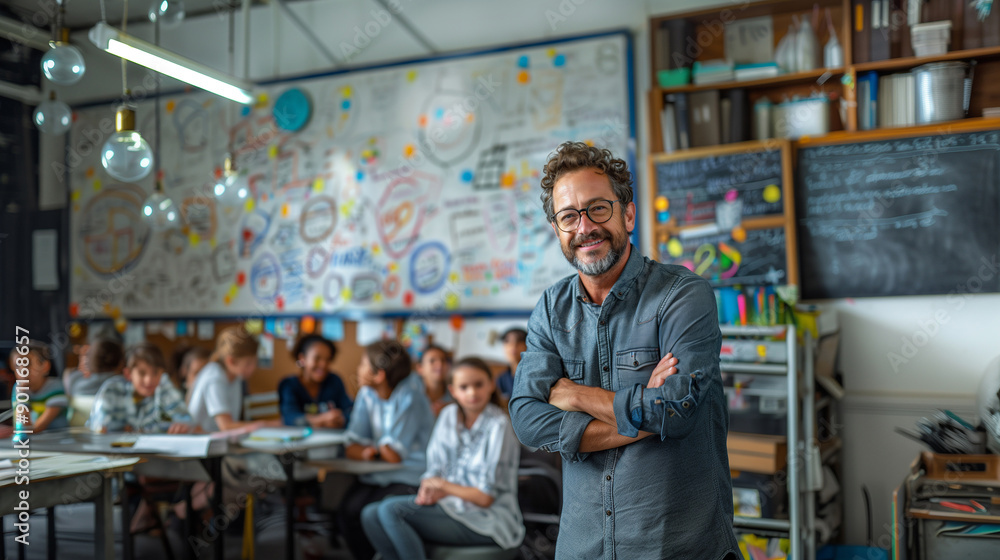 Portrait of a middle-aged teacher with eyeglasses in a classroom, looking at the camera Portrait of a middle-aged teacher with eyeglasses in a classroom, looking at the camera