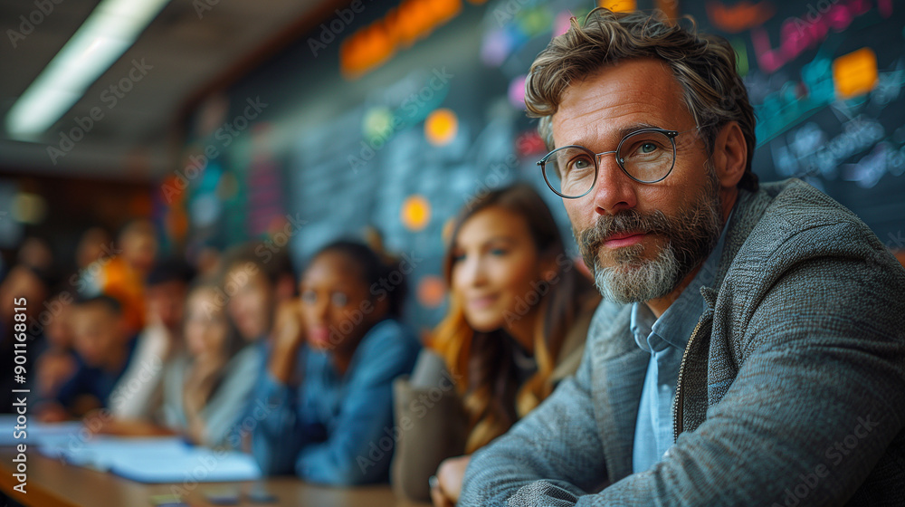 Fototapeta premium Middle-aged professor in a classroom setting looking at the camera