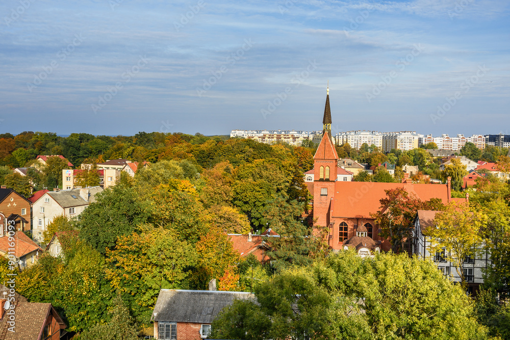 Aerial view city Zelenogradsk from observation deck of Water Tower. Russia