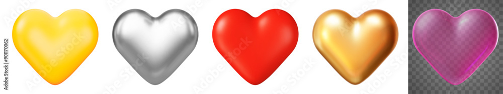 3d set realistic shape hearts. Yellow, Metal, Red, Gold and one pink heart with transparent. Valentine day symbol. Stock vector illustration on isolated background. 3d set realistic shape hearts. Yellow, Metal, Red, Gold and one pink heart with transparent. Valentine day symbol. Stock vector illustration on isolated background.