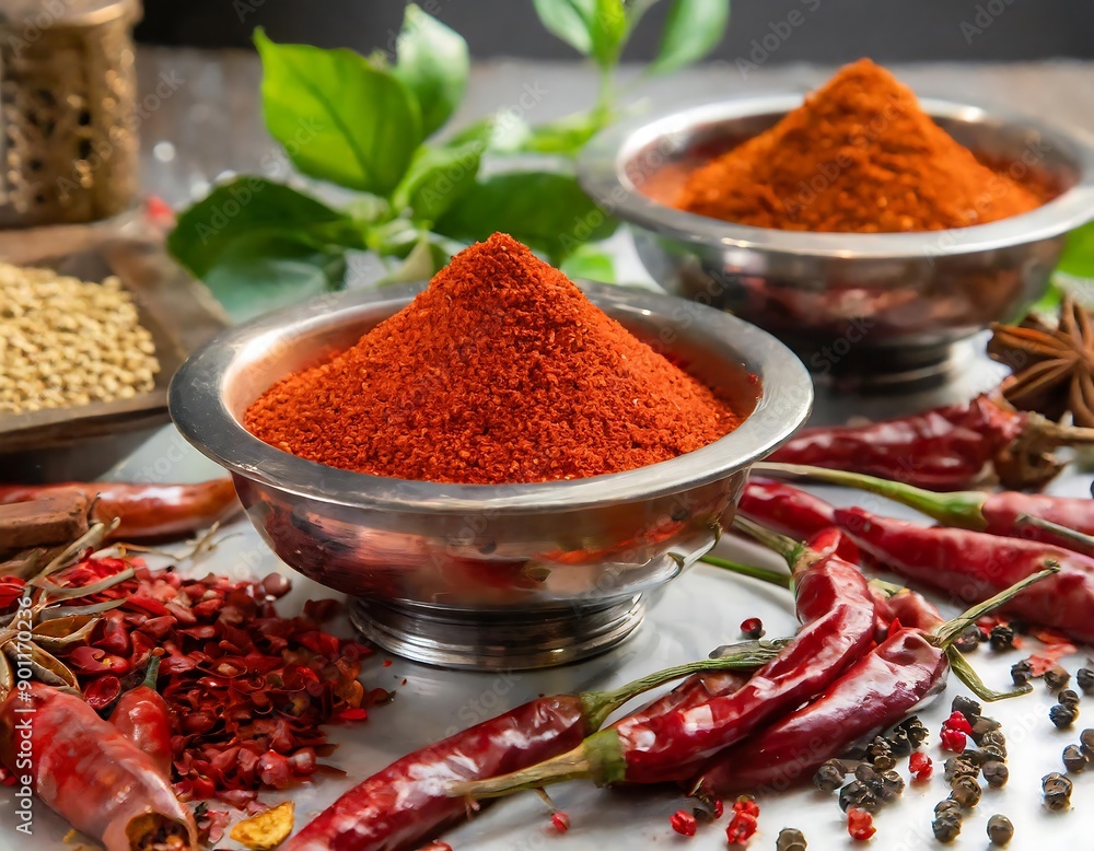 Indian spice Red chilli powder in bowl Indian spice Red chilli powder in bowl