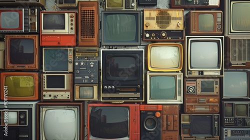 Collage of stacks of old TVs and electronics, AI generated Image