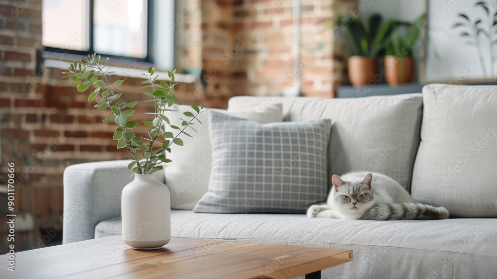 Fototapeta premium British Shorthair cat in a stylish urban loft with exposed brick walls, contemporary furnishings, and a cozy atmosphere.