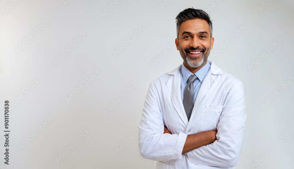 Portrait of Confident Indian Male Doctor Smiling Against Gray Backdrop Portrait of Confident Indian Male Doctor Smiling Against Gray Backdrop