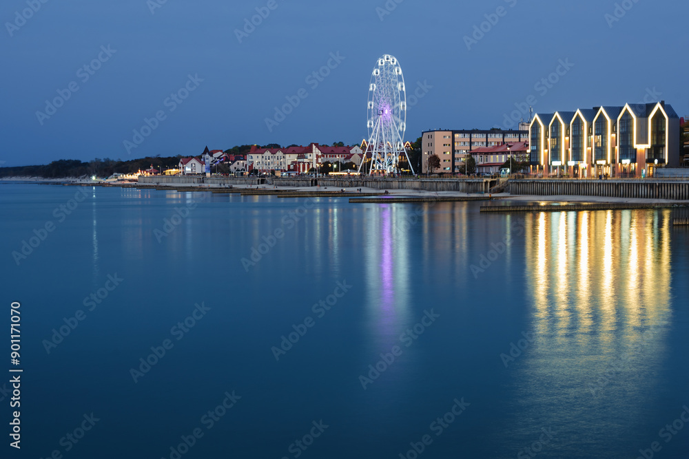 Night view of promenade of resort town of Zelenogradsk on the coast of Baltic sea. Russia