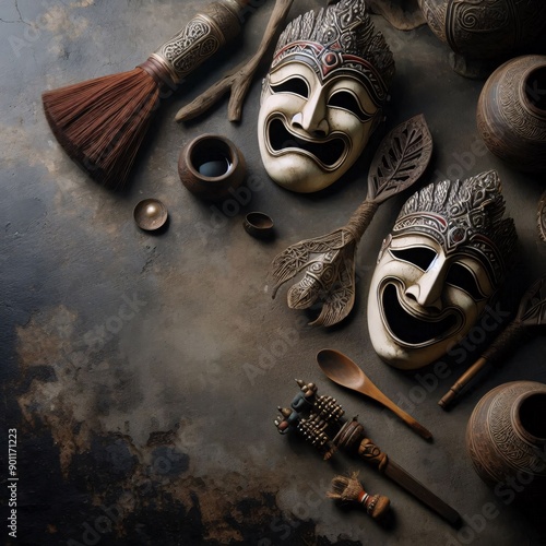 Theatrical masks on a dramatic scene photo