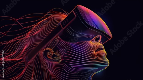 Topographic Vector Lines Outlining a VR Headset in Minimal Art Style with Holographic, Opalescent, Kaleidoscopic, Bioluminescent, Iridescent Colors on Black Background © nicole