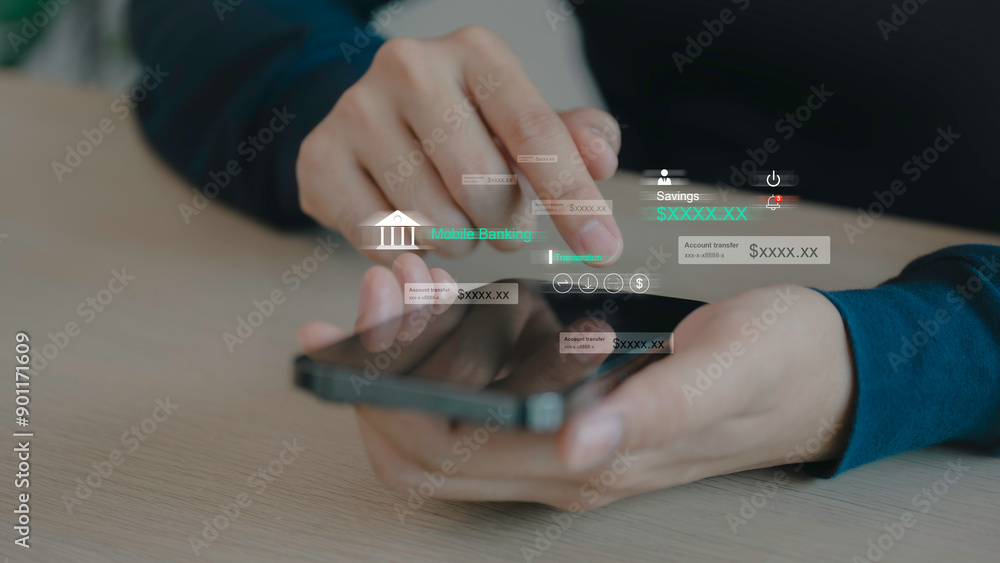 A person is using a cell phone to look at a bank account, Digital banking network, internet payment, financial technology