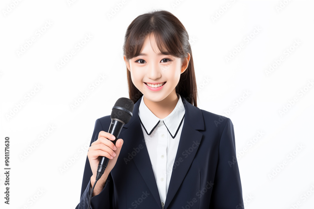 Teen pretty Japanese girl over isolated white background as a reporter holding a microphone and reporting news Teen pretty Japanese girl over isolated white background as a reporter holding a microphone and reporting news