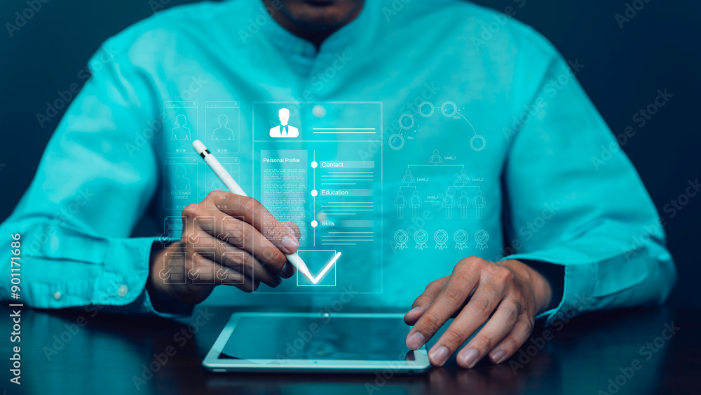 Employee selection, businessman process select the optimum resume application form, recruitment to interview and join with company. interviewing and hiring through an internet recruitment agency.