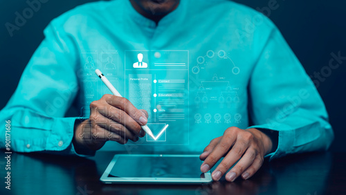 Obraz na płótnie Employee selection, businessman process select the optimum resume application form, recruitment to interview and join with company. interviewing and hiring through an internet recruitment agency. w salonie