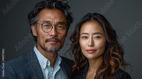 A professional portrait of a youthful, attractive male executive and an experienced Asian female leader set against a neutral backdrop. © ckybe