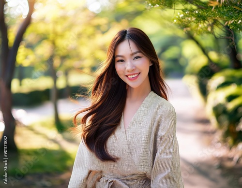 公園で笑顔の女性
