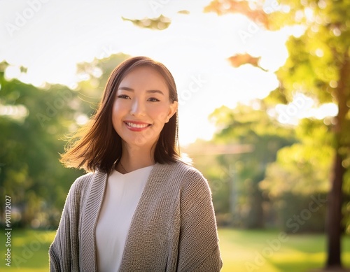 公園で笑顔の女性