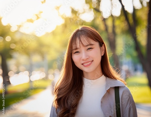 公園で笑顔の女性