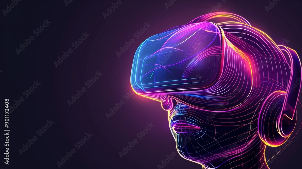 Topographic Vector Lines Outlining a VR Headset in Minimal Art Style with Holographic, Opalescent, Kaleidoscopic, Bioluminescent, Iridescent Colors on Black Background Topographic Vector Lines Outlining a VR Headset in Minimal Art Style with Holographic, Opalescent, Kaleidoscopic, Bioluminescent, Iridescent Colors on Black Background