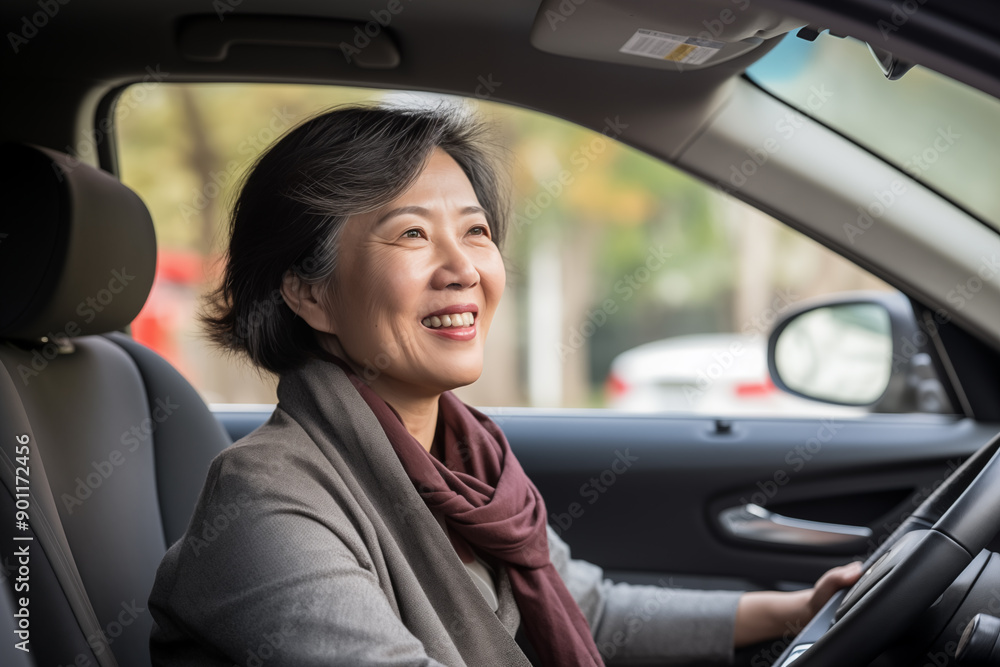 Middle aged Chinese woman inside a car and driving Middle aged Chinese woman inside a car and driving