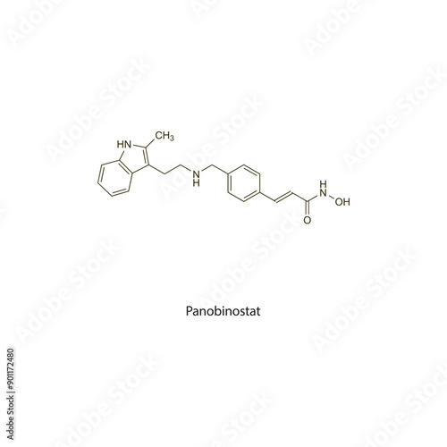 Panobinostat flat skeletal molecular structure Antineoplastic drug used in cancer treatment. Vector illustration scientific diagram.