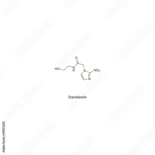 Etanidazole flat skeletal molecular structure Antineoplastic drug used in cancer treatment. Vector illustration scientific diagram.