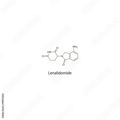Lenalidomide flat skeletal molecular structure Antineoplastic drug used in cancer treatment. Vector illustration scientific diagram.