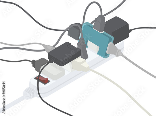タコ足配線されたコンセント電源タップのイラスト