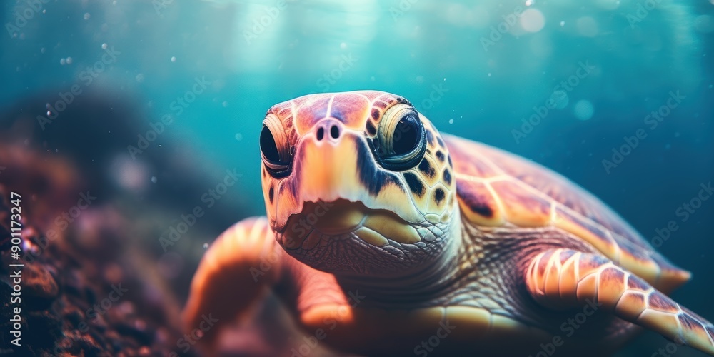 Fototapeta premium Closeup of a colorful sea turtle swimming underwater