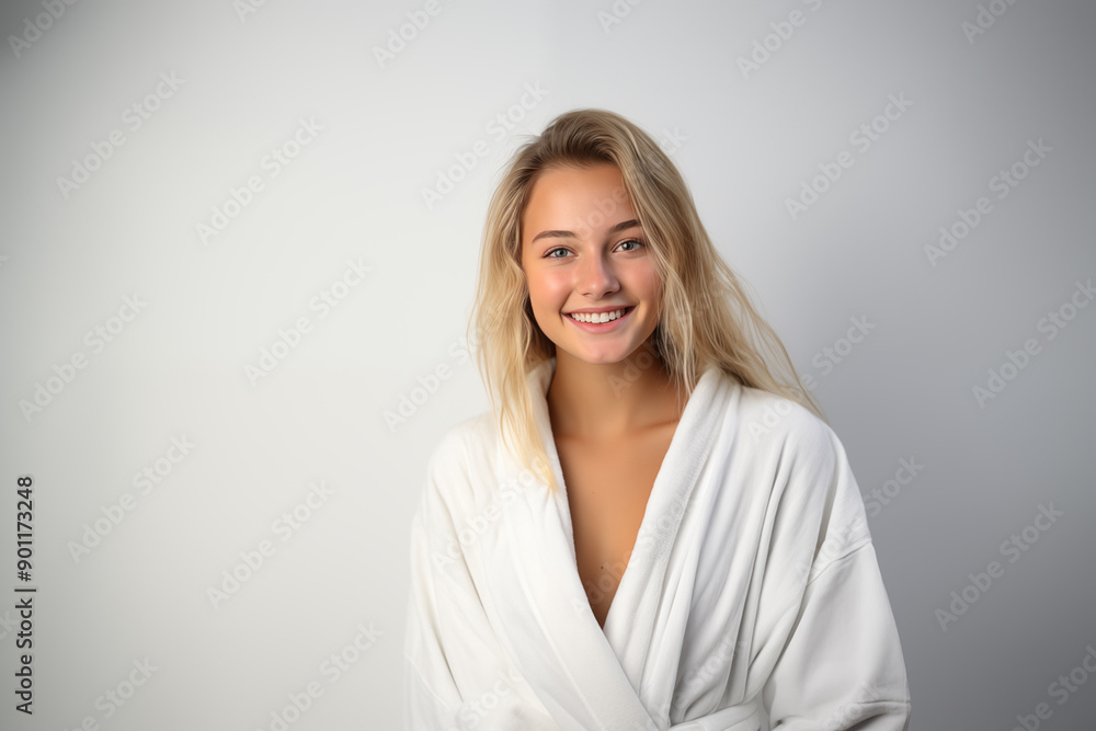 Young pretty blonde girl over isolated white background in a bathrobe Young pretty blonde girl over isolated white background in a bathrobe
