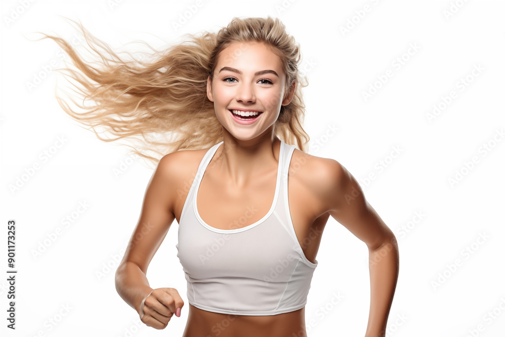 Young pretty blonde girl over isolated white background running fast Young pretty blonde girl over isolated white background running fast