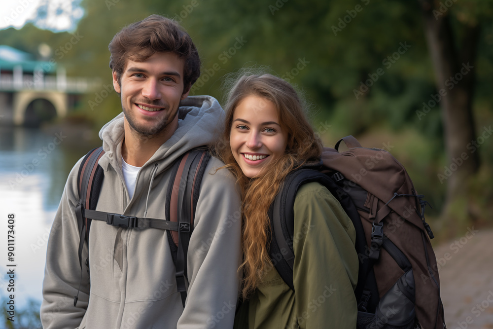 Fototapeta premium Young couple at outdoors with mountaineer backpack