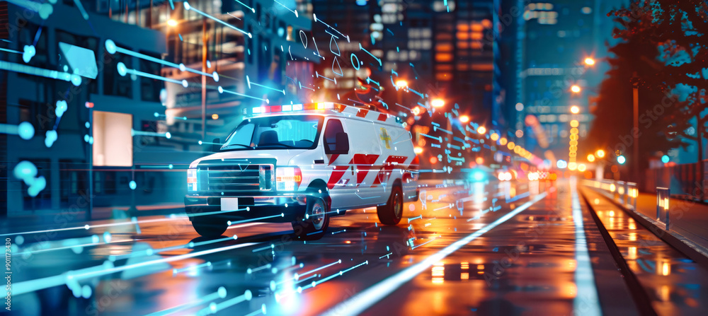 A white ambulance with flashing lights navigates a city street at night, surrounded by futuristic technology and glowing holographic medical data A white ambulance with flashing lights navigates a city street at night, surrounded by futuristic technology and glowing holographic medical data