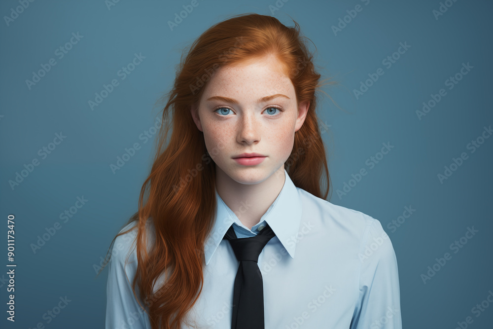 Young pretty Redhead girl over colorful background in business uniform Young pretty Redhead girl over colorful background in business uniform
