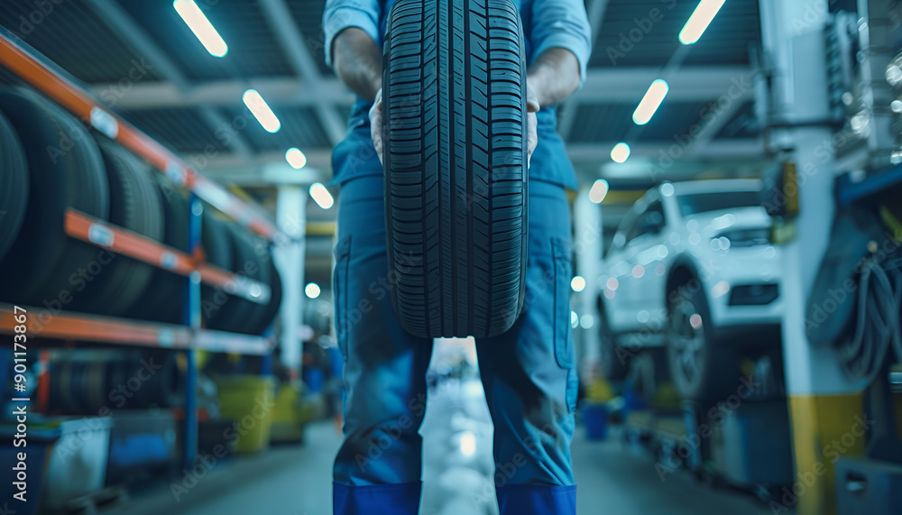 Fototapeta premium Male mechanic with car tire in auto store