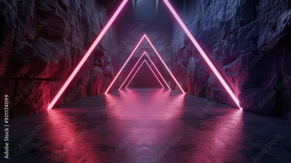 Fototapeta premium Futuristic neon tunnel in dark cave