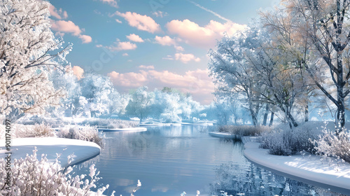 Fototapeta Naklejka Na Ścianę i Meble -  Snow-covered trees and a calm, frozen lake create a peaceful winter landscape under a sky full of fluffy clouds