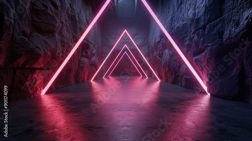 Futuristic neon tunnel in dark cave