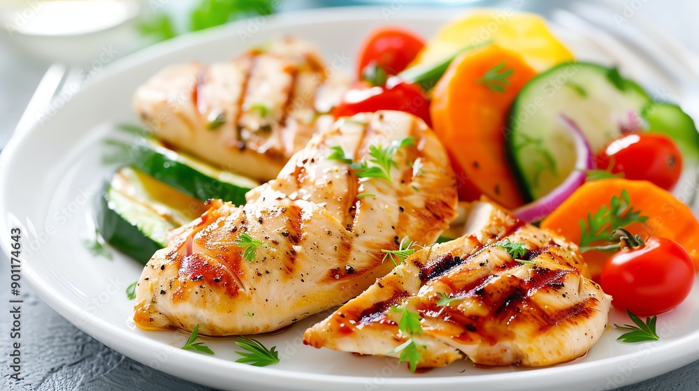 Grilled chicken breast served with grilled vegetables. Grilled chicken breast served with grilled vegetables.