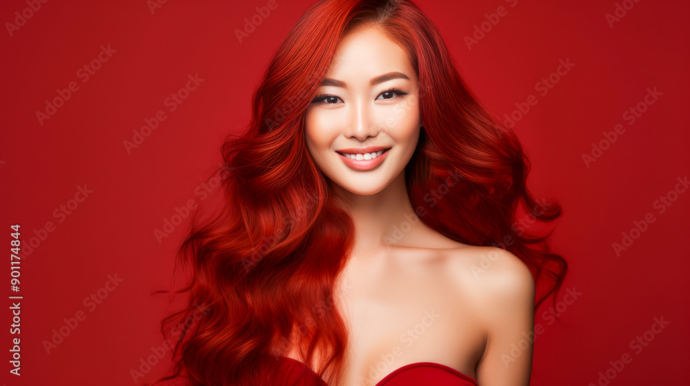Portrait of a beautiful, sexy, smiling, happy Asian woman with long red hair and perfect skin, red background, banner. Portrait of a beautiful, sexy, smiling, happy Asian woman with long red hair and perfect skin, red background, banner.