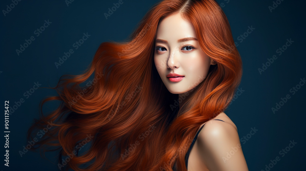 custom made wallpaper toronto digitalPortrait of a beautiful, sexy, smiling, happy Asian woman with long red hair and perfect skin, dark blue background, banner.