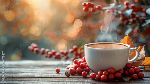 White coffee cup with steam, blurred tree background with ripe red coffee berries, high resolution realistic image, International Coffee Day photo