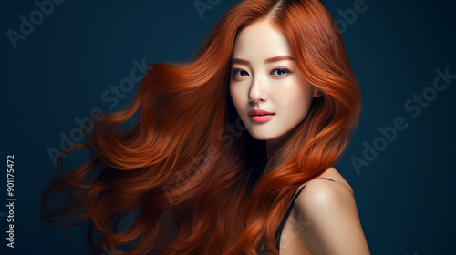 Wallpaper Mural Portrait of a beautiful, sexy, smiling, happy Asian woman with long red hair and perfect skin, dark blue background, banner. Torontodigital.ca