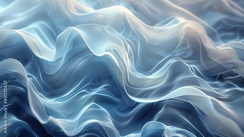 soft, blurred background with a gradient of light grey to dark blue, featuring flowing satin fabric textures